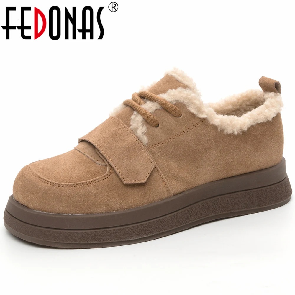 FEDONAS Casual Round Toe Women Flats Winter Platforms Wool Warm Shoes Woman Genuine Leather Concise Basic Working Shoes Pumps 241213