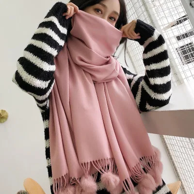 Warm Winter Wool Cashmere Pom Scarf Pink Thick With Rabbit Fur Ball Pashmina Large Stole Lady Wrap Shawl Oversize Blanket 241220