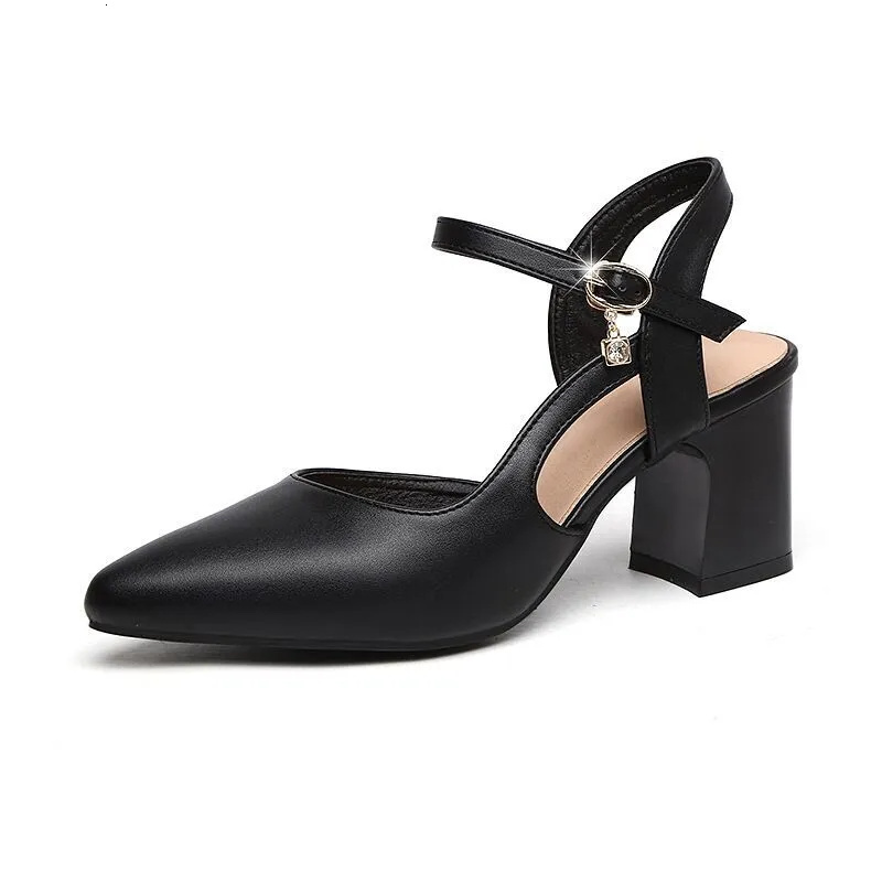 Lady Fashion Pointed Toe Beige High Quality Pu Leather Buckle Strap Square Heel Shoes Women Party Pumps Atos De Mujer G1286