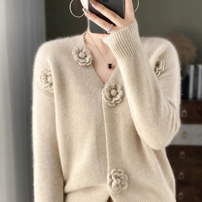 Autumn Winter Vneck Threedimensional Hook Flower Knitted Cardigan Womens Embroidered Sweater Jacket Loose Top 241220