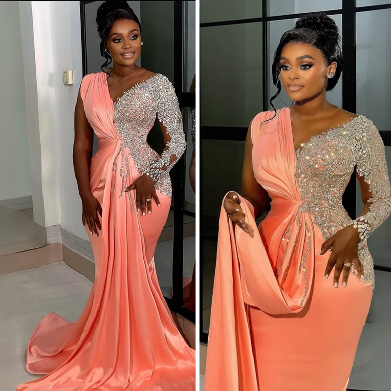 2025 Plus Size Watermelon Prom Dress Mermaid Evening Dresses Formal Gowns Sheer Neck Beaded Long Sleeves Rhinestones Birthday Dress Second Reception G