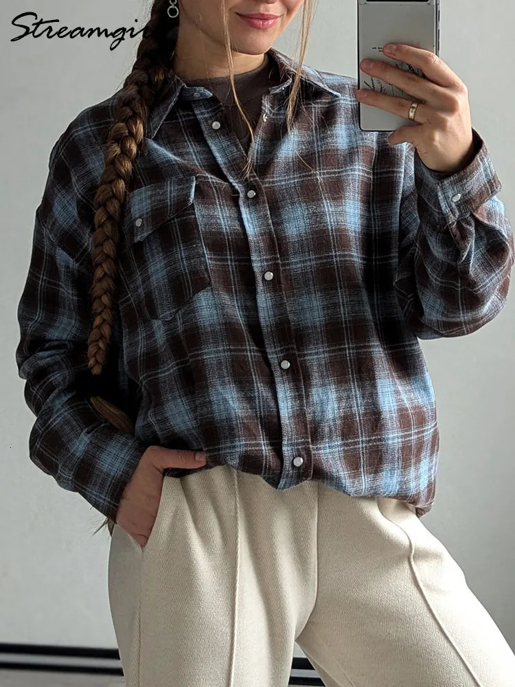 Plaid Oversized Shirts For Women Office Autumn Winter Loose Buttoned Shirt Pocket Long Sleeve Vintage Blouses 241218