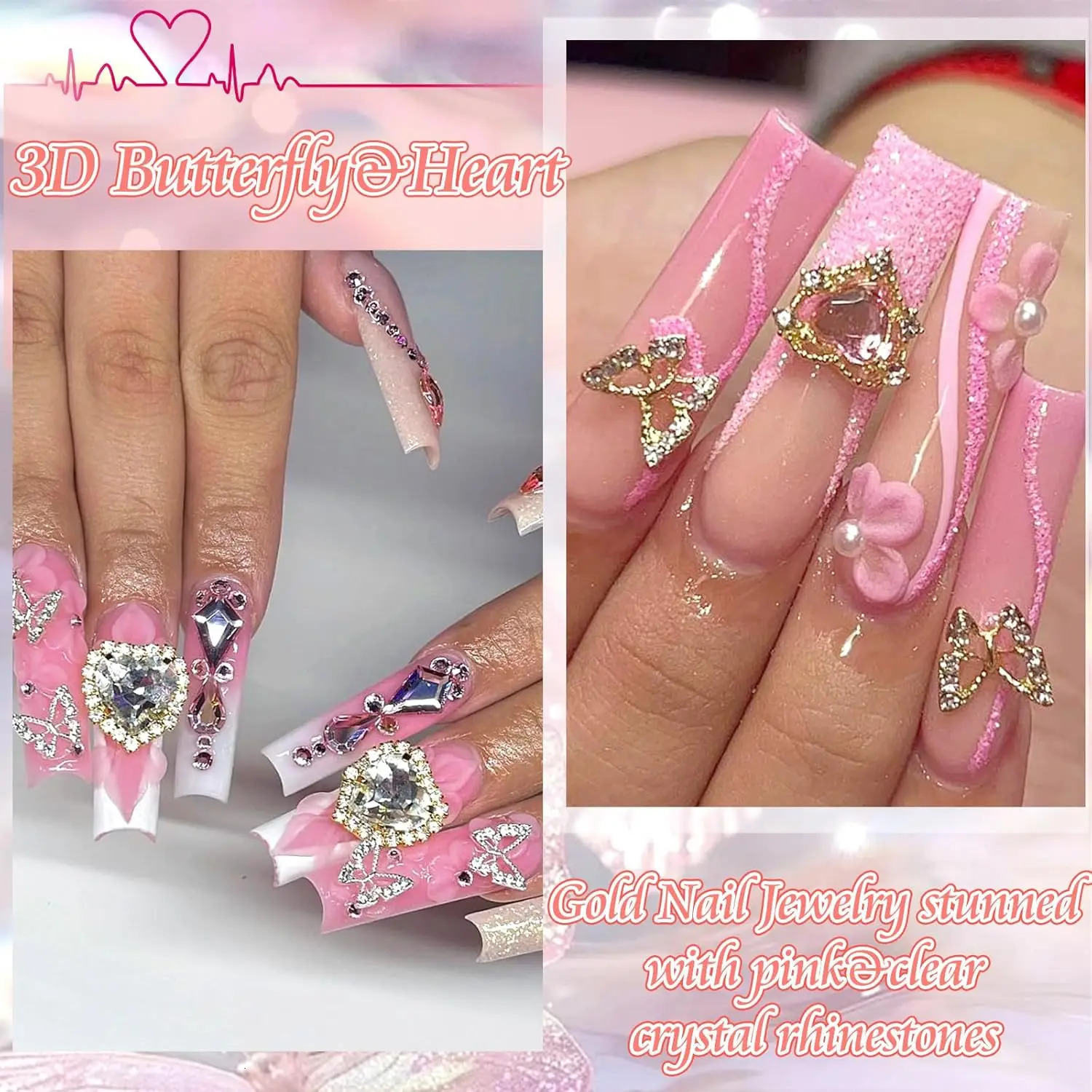 135PCS Gold Nail Charms 3D Butterfly Nail Gems Pink Crystal Heart Nail Art Jewelry Bow Charms for Acrylic Nails Glitter 241220