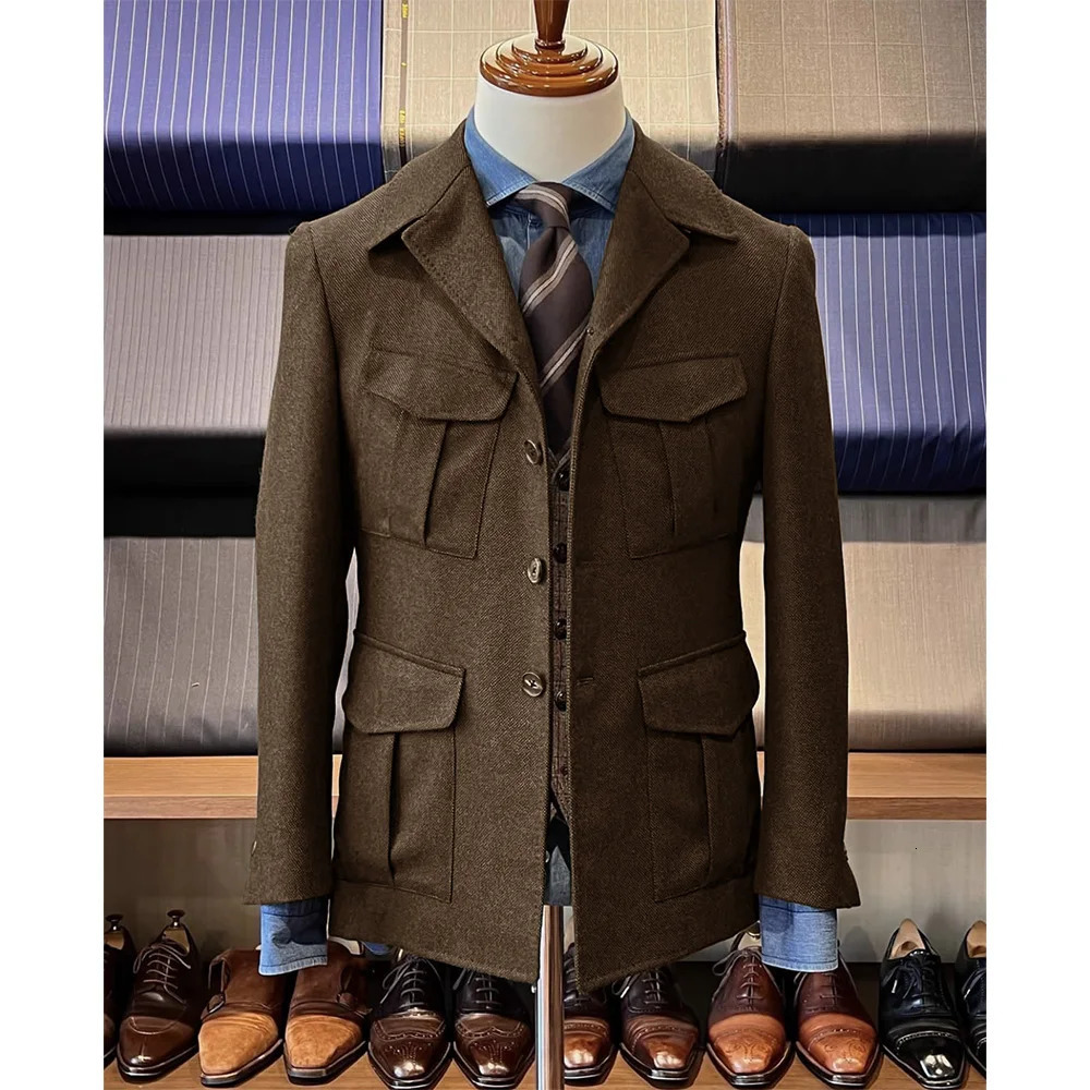 Mens Herringbone Hunting Jacket Casual 4 Pockets Fashion n Vintage Tweed Blazer Single Breasted Comfortable Work 241218