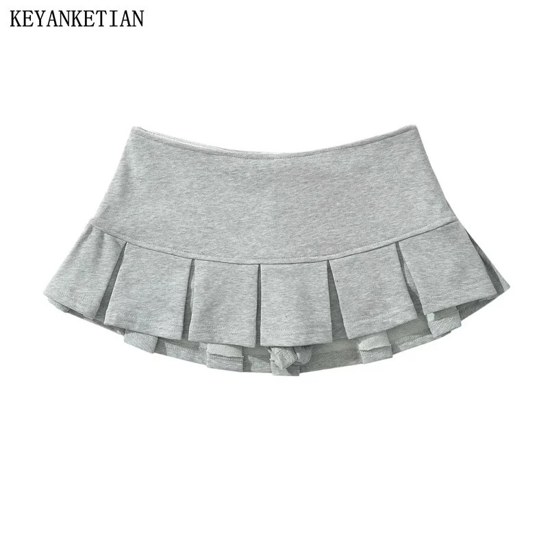 KEYANKETIAN Womens Terry fabric Low waist Y2K Mini Skirt Wide pleat Decoration Light grey Flounce A Line Skort sweet 241217