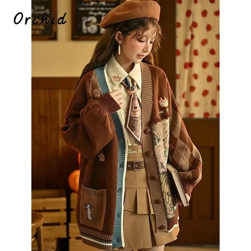Stylish Vintage Oversized Cardigan Sweater Renaissance Style Loose Knitwear Harajuku Cartoon Knitted Coats Female Clothing 241220