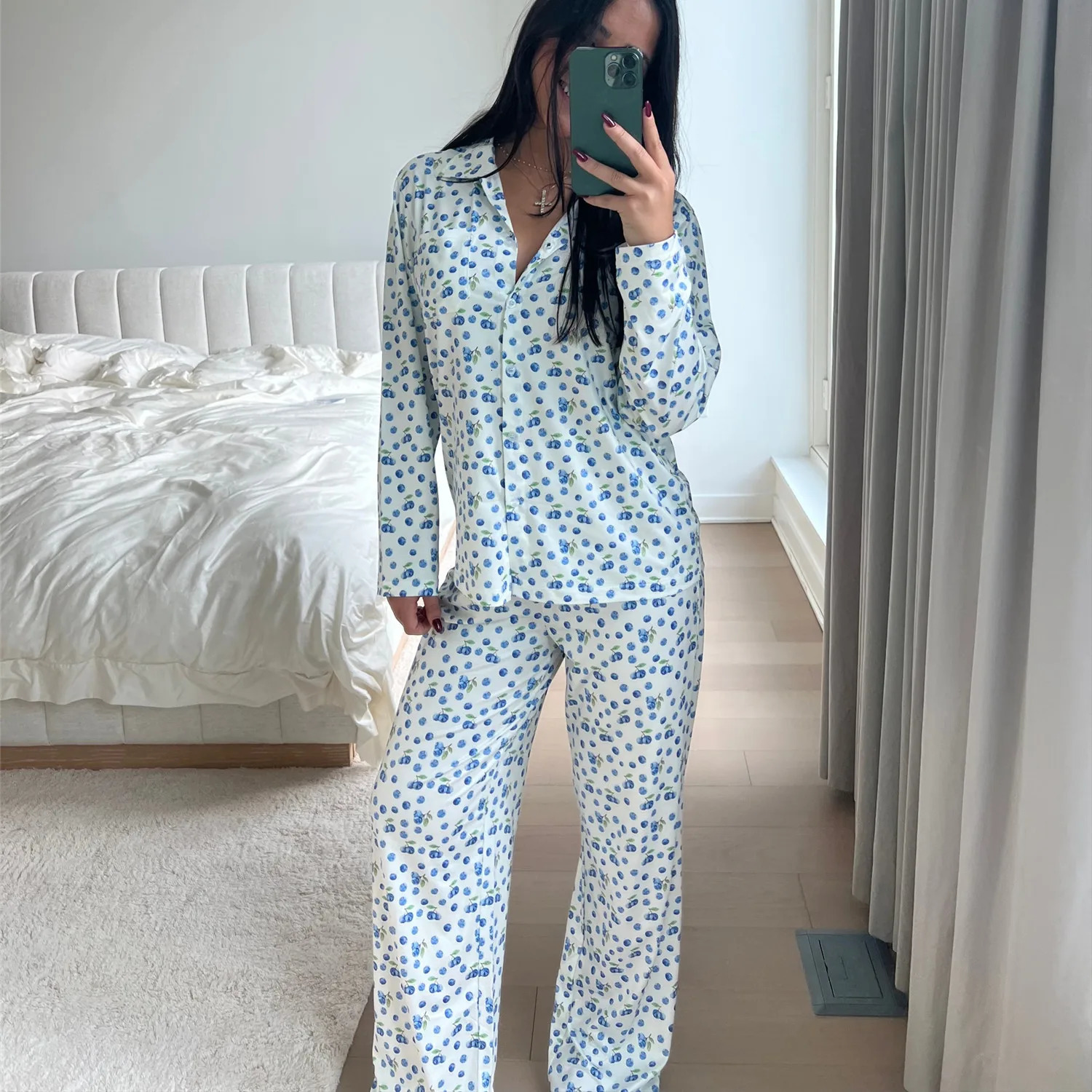 Imcute Floral Pajamas for Women Set Long Sleeve Button Down Shirt and Wide Leg Pants Y2K Fruit Print Lounge Set Sleepwear 241217
