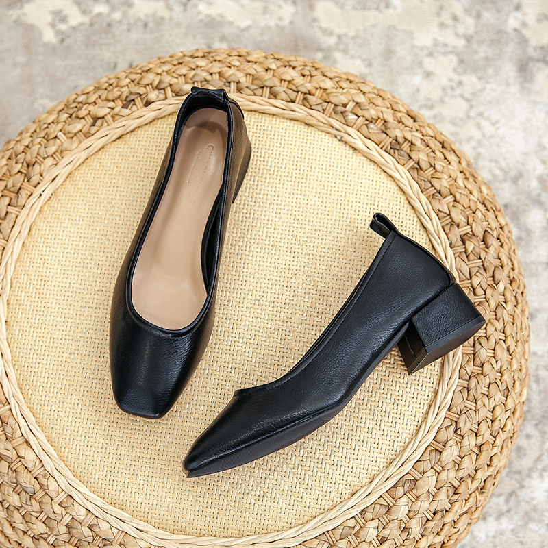 Woman Spring Fashion Square Toe Concise 4Cm High Heel Female Shallow Black Fitting Mary Janes Elegant Cute Loafers Shoes