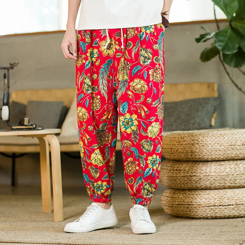 Summer mens cotton linen casual harem close-up pants black/red mens daily casual lace loose floral pants 241219