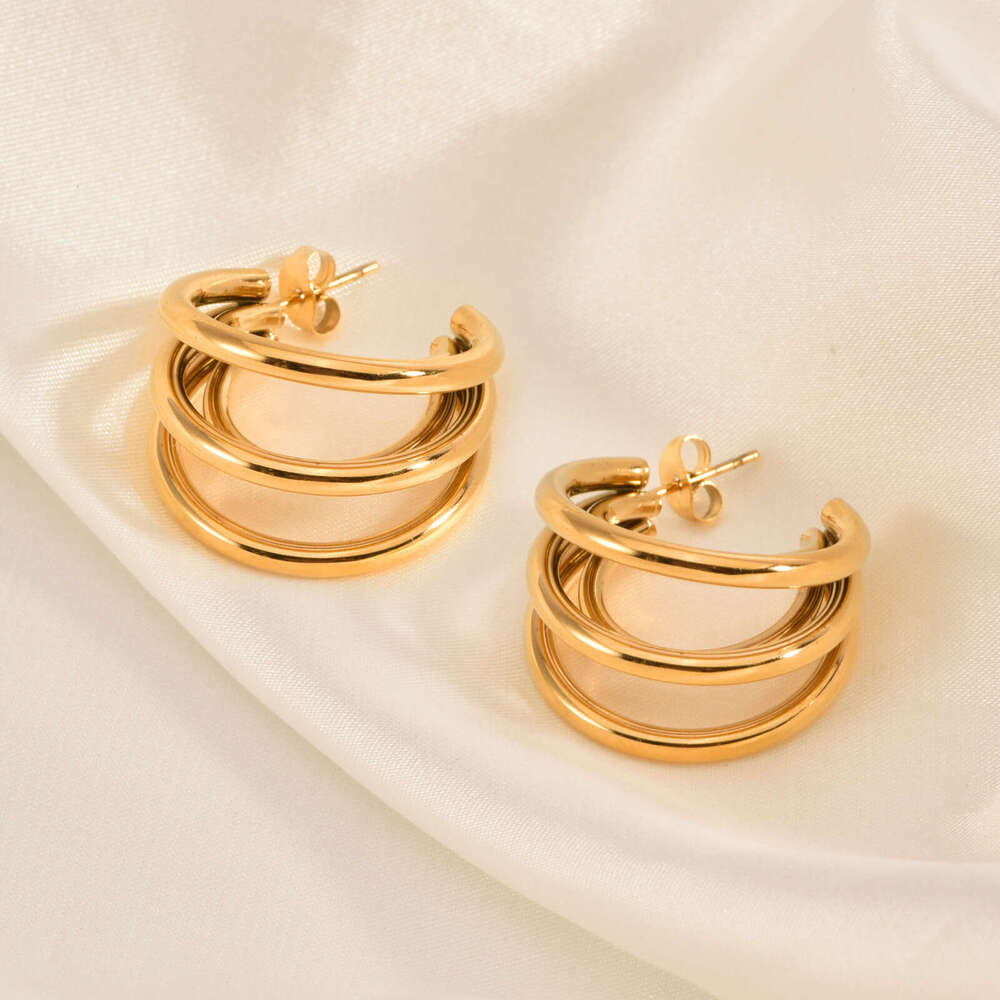 small and exquisite three thread cshaped womens titanium steel plated gold simple corrugated earrings fried dough twists type jewelry