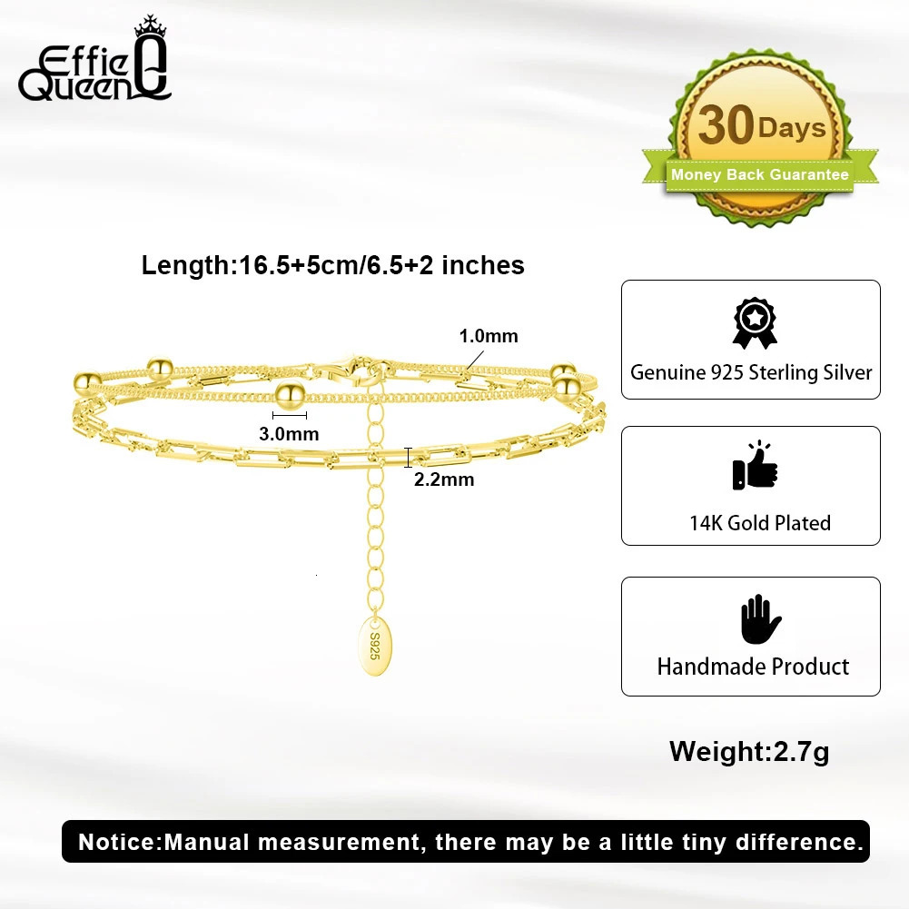 EFFIE QUEEN 14K Gold Dual Layers Paperclip Link Chain Bracelet 925 Sterling Silver Ball Decor Women Bracelets Jewelry Gift SB175 241214