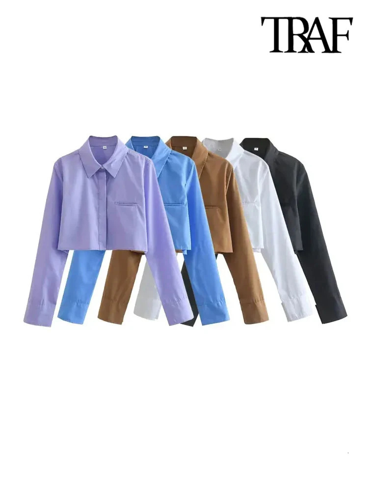 TRAF Women Fashion Loose Cropped Shirts Vintage Long Sleeve Front Button Female Blouses Blusas Chic Tops 241218