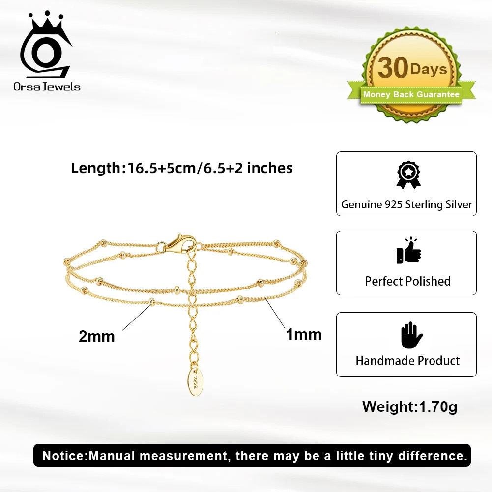 ORSA JEWELS 2mm Beads Double Layer Chain Bracelets Silver 925 Thin 1mm Width Cuban Chain Bracelet Lobster Clasp Jewelry SB198 241214