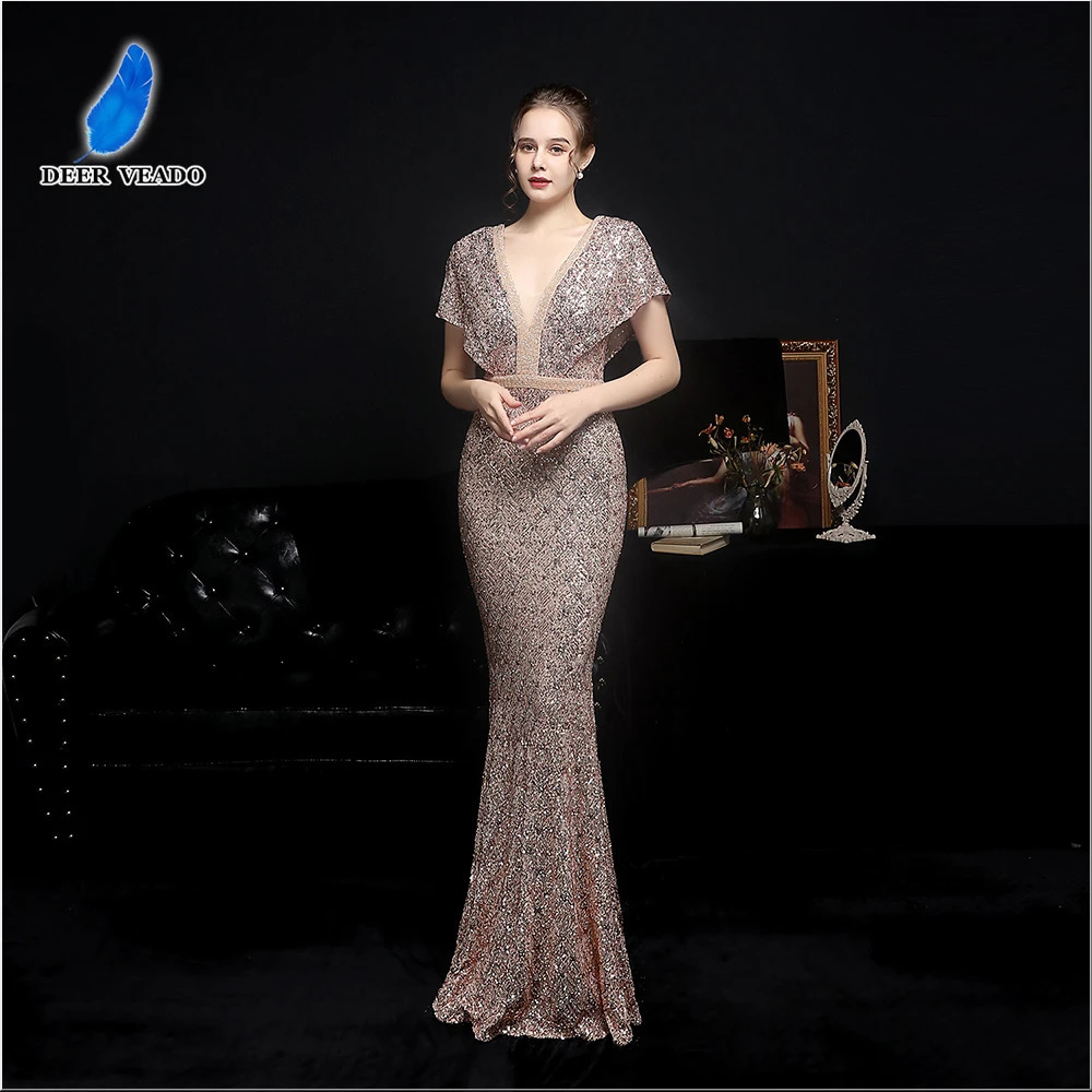 DEERVEADO Elegant Gold Sequin Dress for Women Evening Dress with Beads Cap Sleeve Mermaid Party Dresses Evening Gown K18611 241217