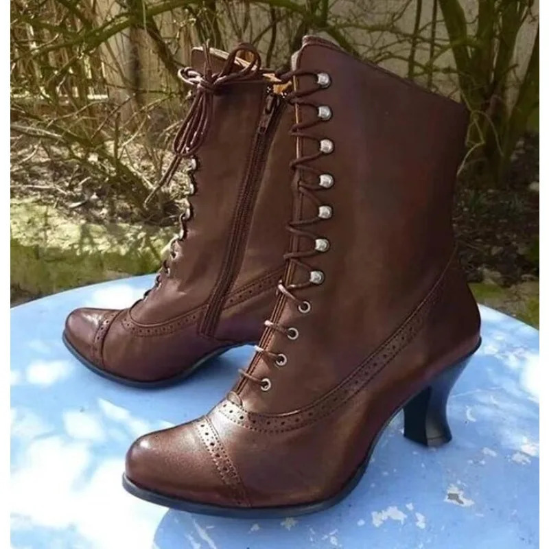 Womens Short Boots PU Leather Bicycle Boots High Toe Heel Boots Womens Victoria Boots Retro Botas 241213