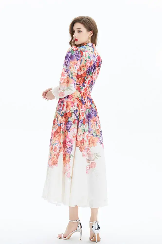 Basic Casual Dresses Women High Street Dresses 2025 Spring Autumn New Stand Lantern Sleeve Print Long Dress Slim Court Style Elegant Chic Vestidos
