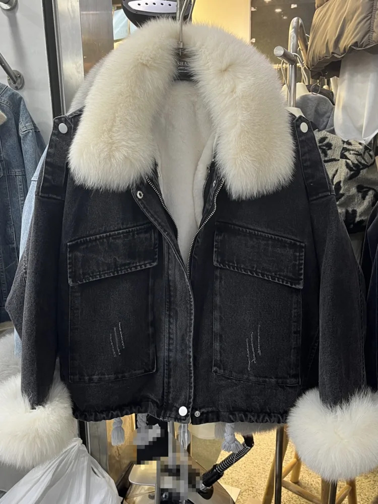 DFDG Autumn And Winter Simple And Fashionable Zipper Fur With Thick Velvet Detachable Denim Jacket For Women 241217