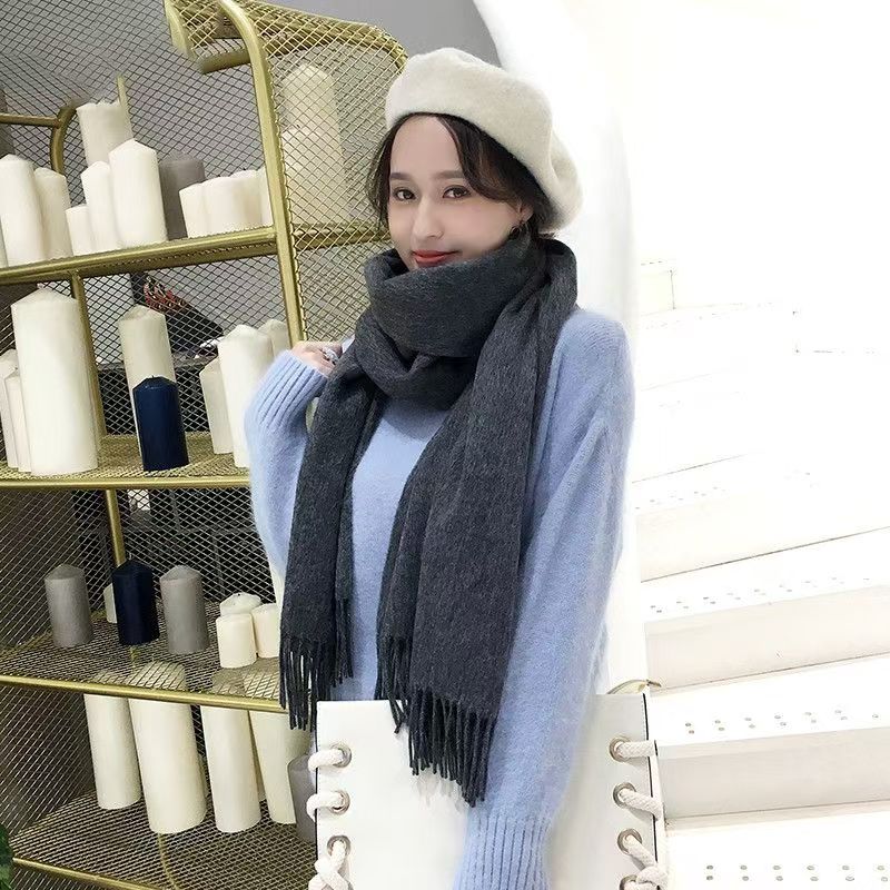 T027 wool scarf female autumn and winter new Korean version double-sided plus velvet warm student long solid color versatile neck shawl