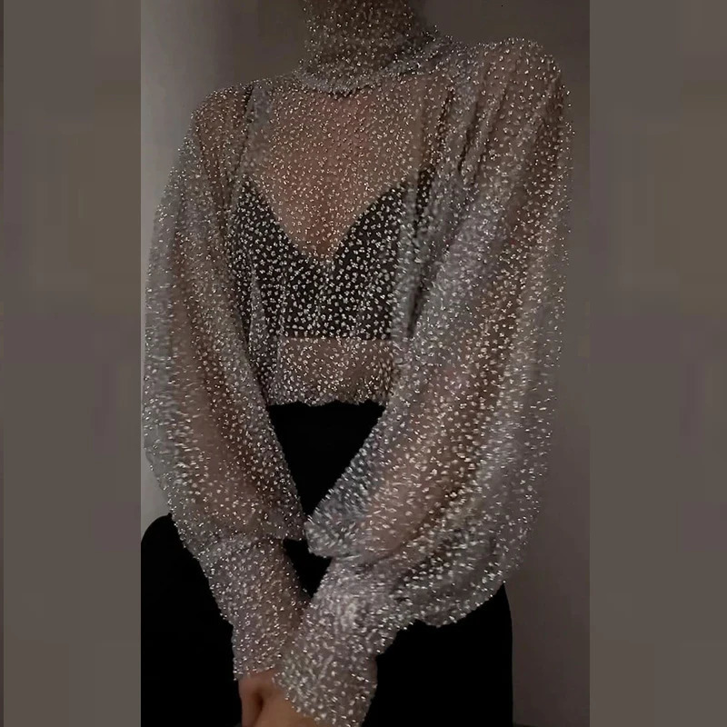 Elegant Turtleneck Sequin Shiny Party Blouse Women Spring See Through Mesh Lace Top Summer Lantern Sleeve Office Lady Shirt 241218