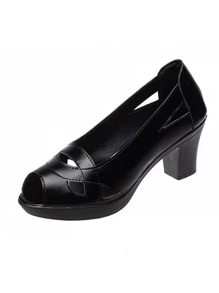 Women Fashion Plus Size Black Leather Peep Toe High Heel Casual Hollow Out Breathable Spring & Summer Office Shoes A95