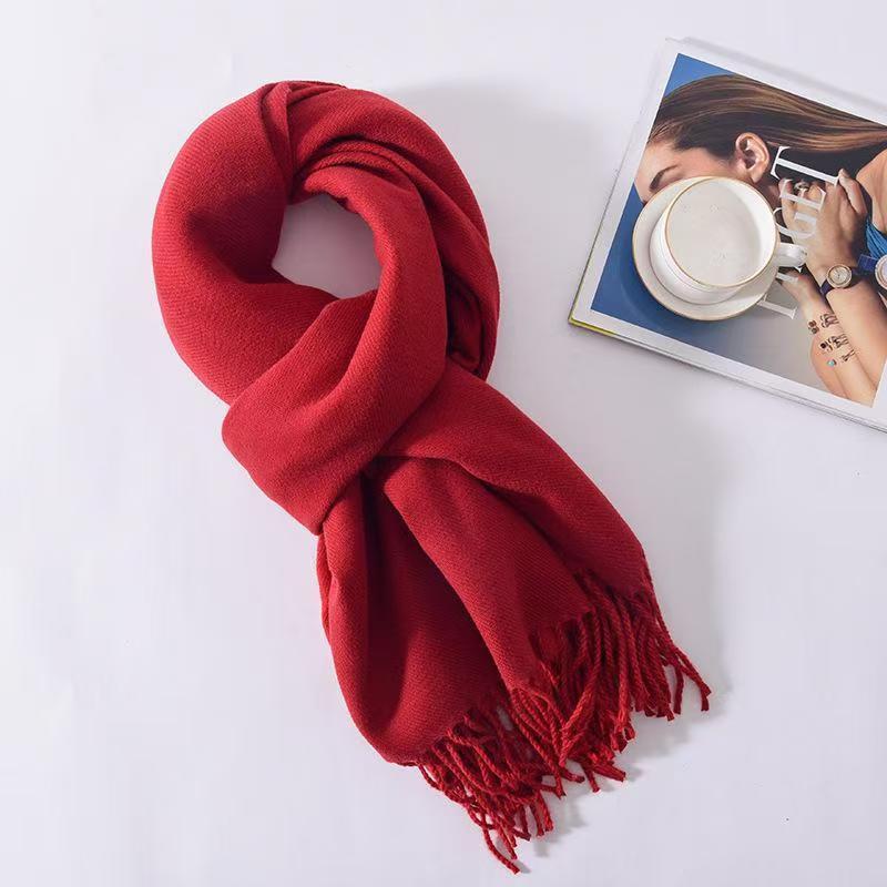 T028 new solid color double-sided scarf women's thick warm tassel shawl neck scarf winter cashmere scarf