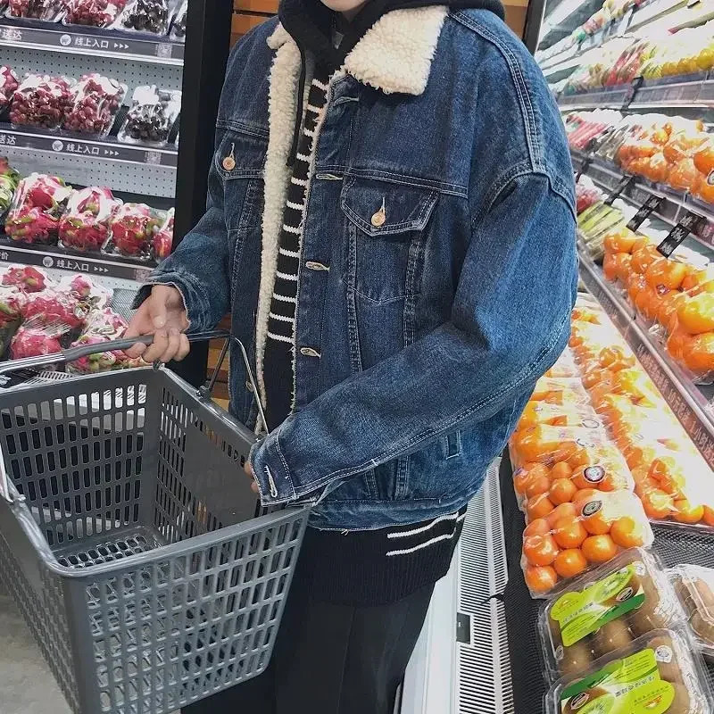 European and American Mens Winter Trendy All - Match Thickened Lamb Wool Casual Single - Breasted Denim Jacket M-XXXXL 241216