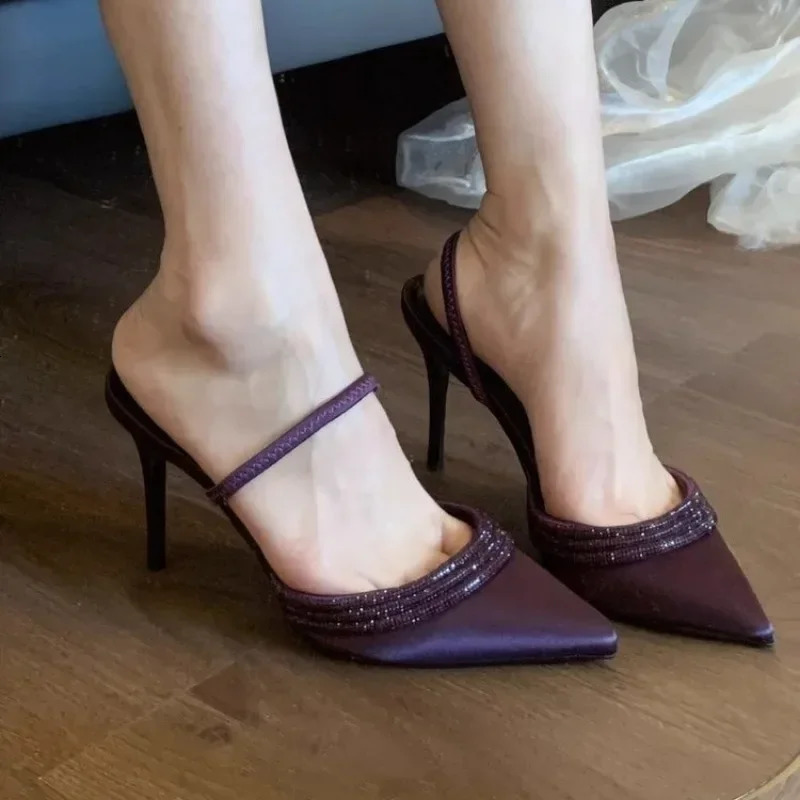 Womens High Heel Shoeslack Purple Satin Pointed Toe Pumps Women Stiletto Heels Sandals Slippers 241220