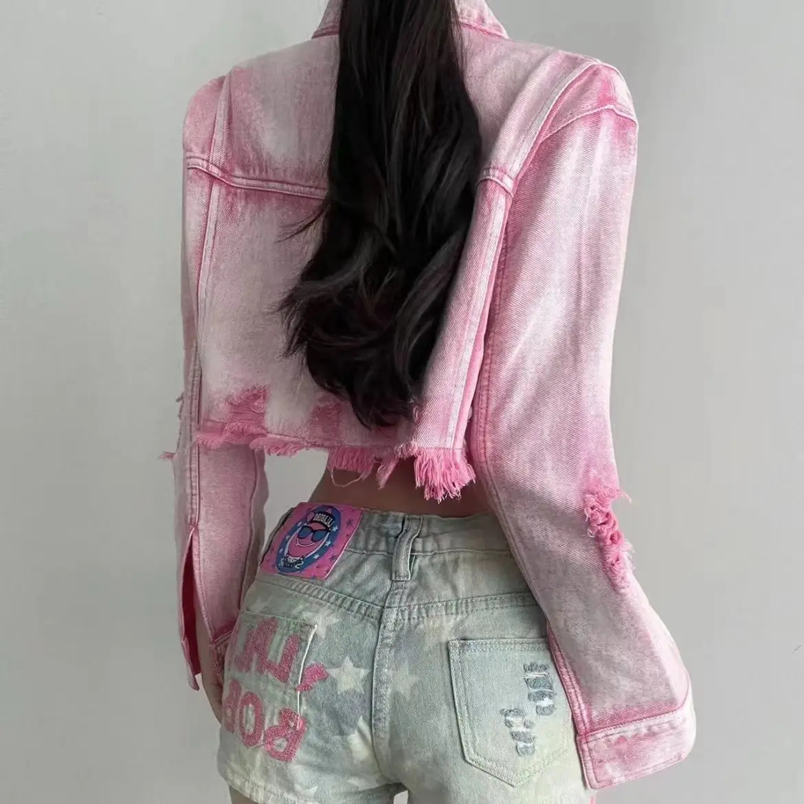 Womens short pink ripped denim jacket jeans top 241219