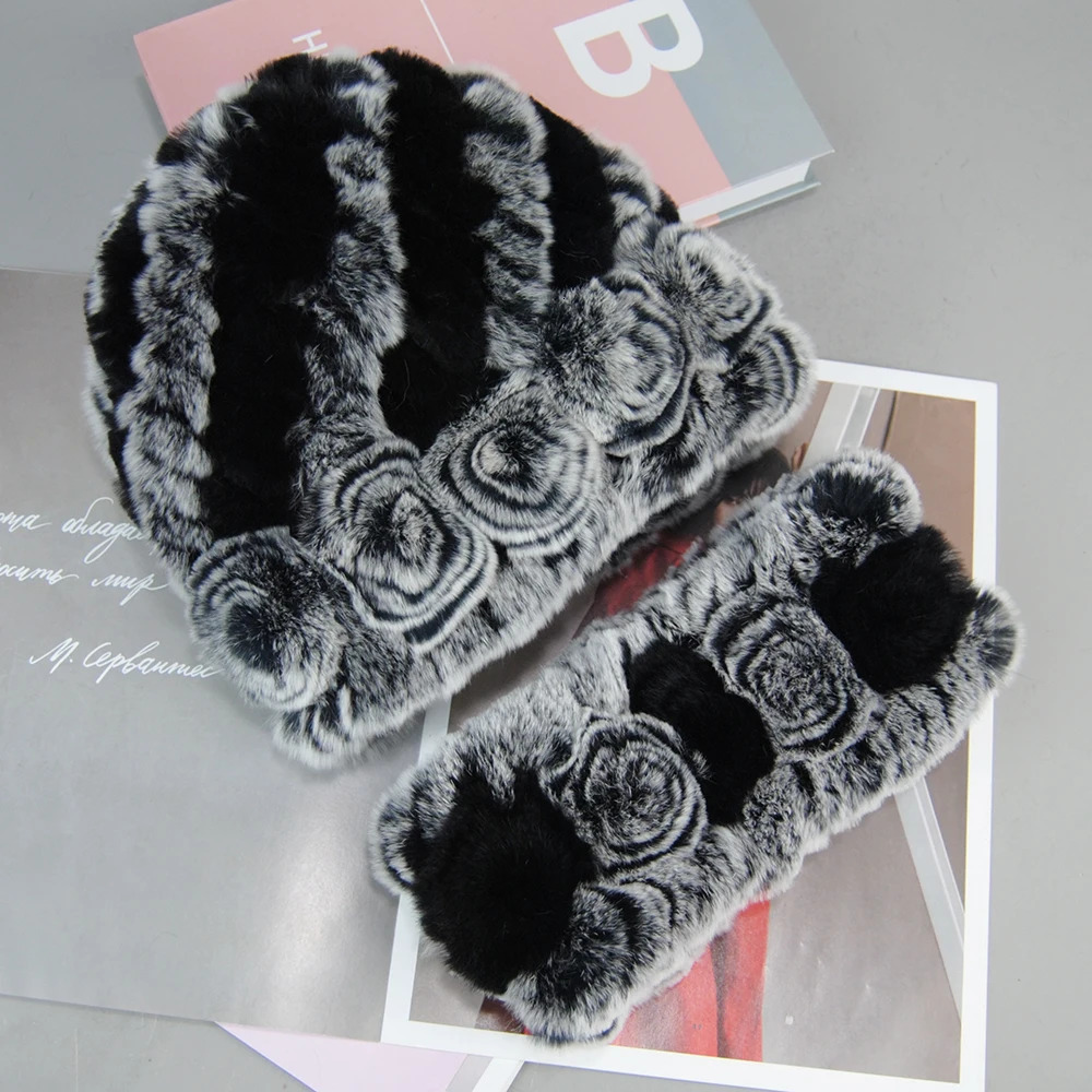 Fashion Real Fur Hats Scarves Sets Women Winter Knitted Real Rex Rabbit Fur Hat Scarf Ladies Natural Fur Hats Mufflers Sets 241214