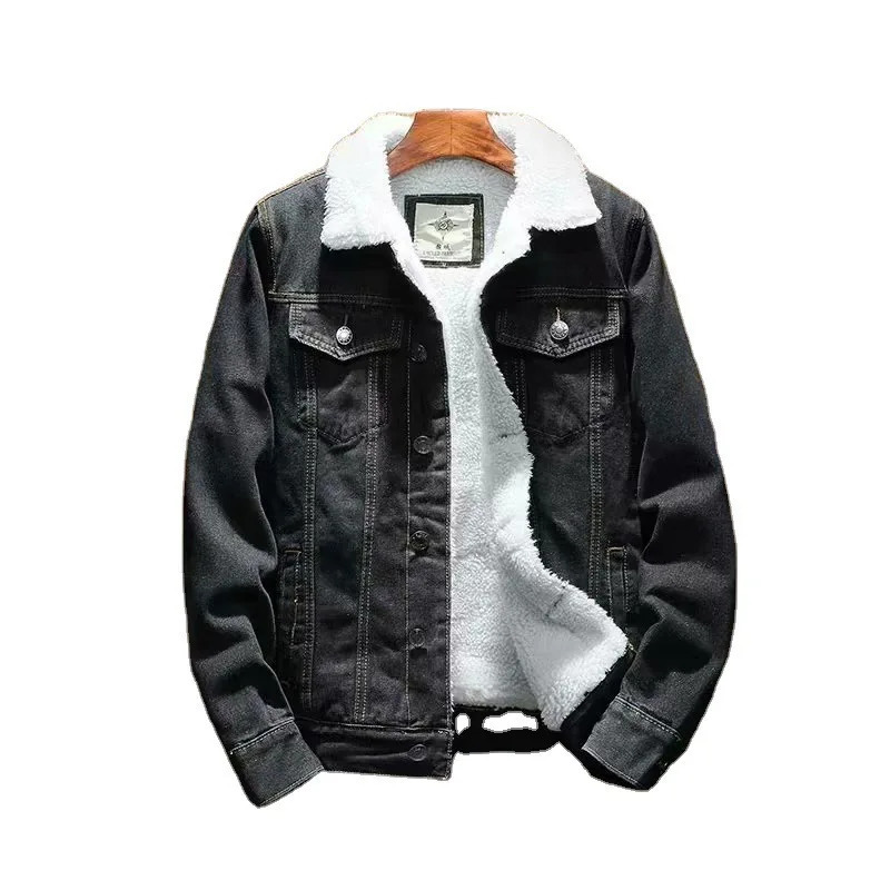 Denim Jacket Men Thick Full Sleeve Jackets Solid Single Breasted Loose Splice Coats Casual Pockets Outwear Winter 241216