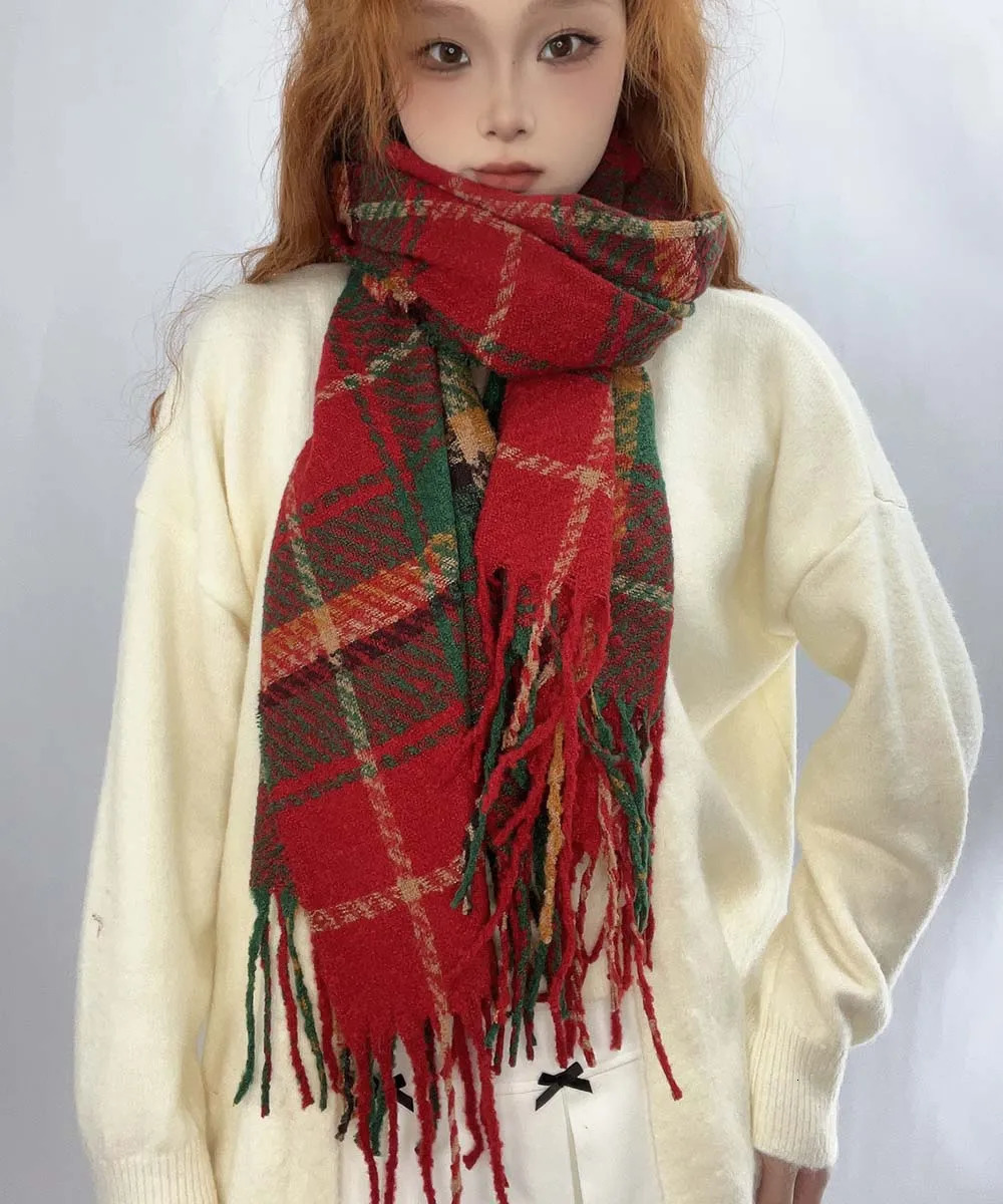 Cashmere Plaid Thickening Long Wrap Shawl With Tassel Warm Scarf Women Winter Christmas Gift 241220