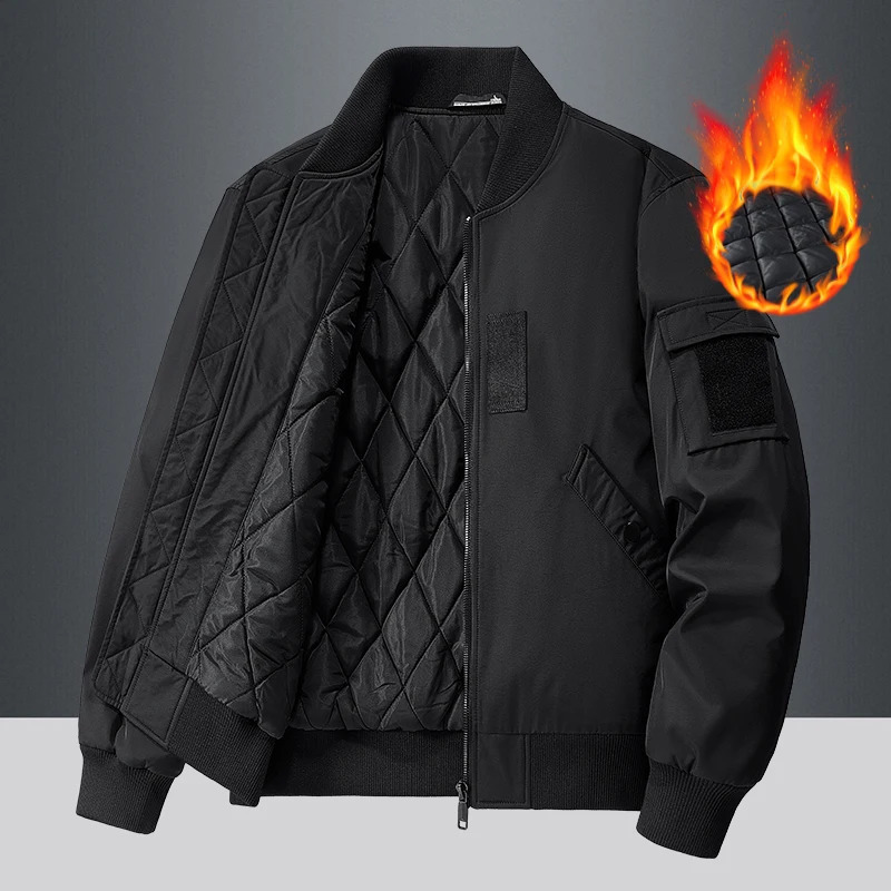 Autumn/Winter Mens Thick Jacket with Velvet Outdoor Warmth Multi Pocket Work Coat Solid Color Stand Collar Mens Baseball Suit 241216