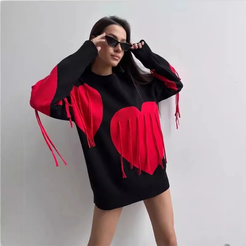 Talenza Heart Print O-Neck Long Sleeve Pullover Casual Knitted Tassel Sweater Loose Women's Streetwear