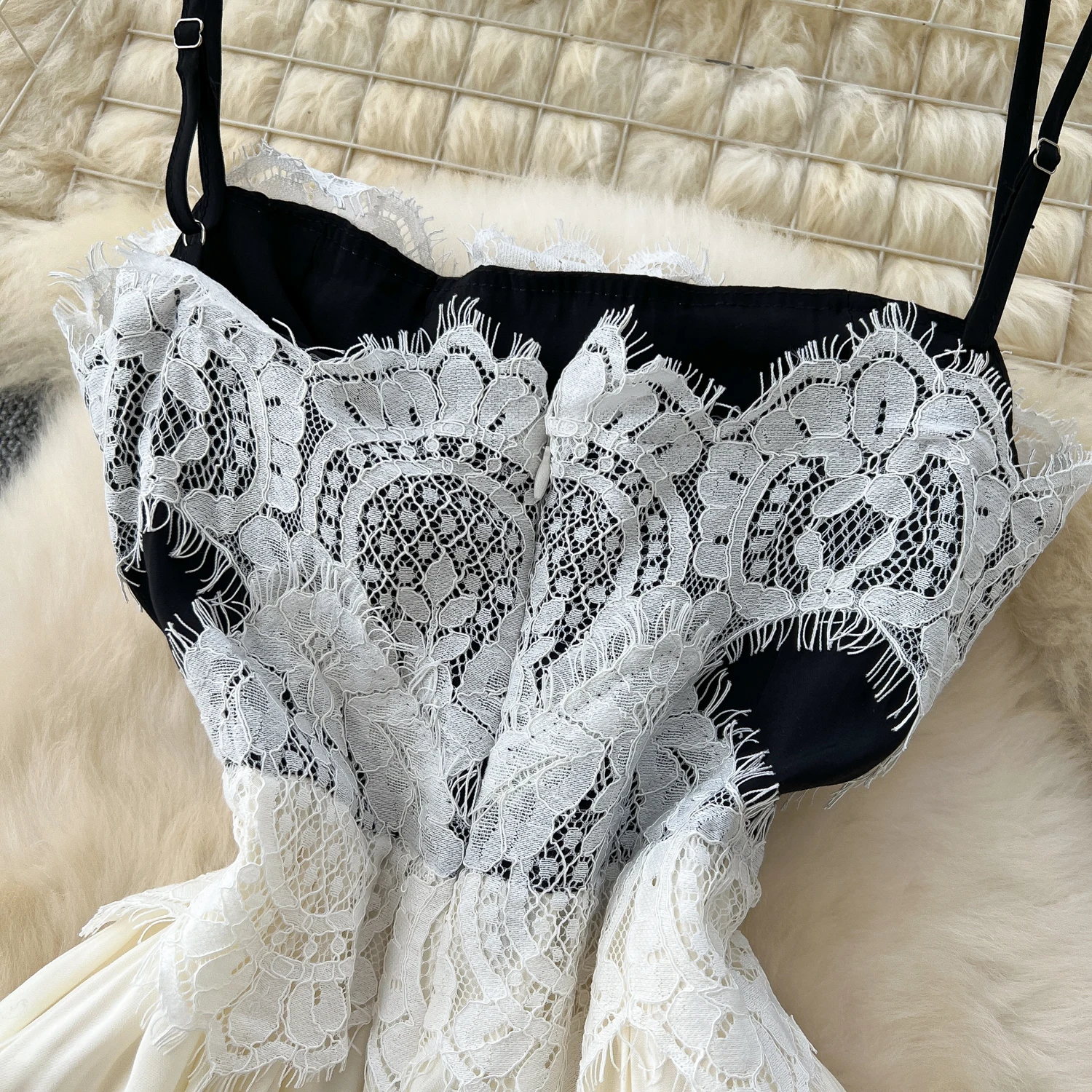 French Chic Vestidos De Fiesta Slash Neck Spaghetti Strap Vintage Dress Women Lace Patchwork Dresses Summer Dropshipping 2025