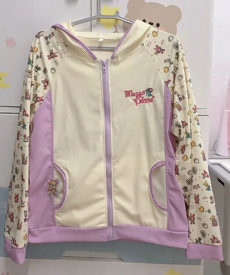 Japanese Y2k Aesthetic Embroidery Kawaii Hoodie Rabbit Ear Hooded Jacket Cartoon Print Sweatshirt Harajuku Contrast Tops 241220
