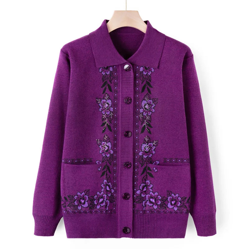 Middle Aged Elderly Mother Woolen Coat Lapel Collar Women Spring Autumn Knitted Cardigan Sweater Female Knitwear Jacket 241220