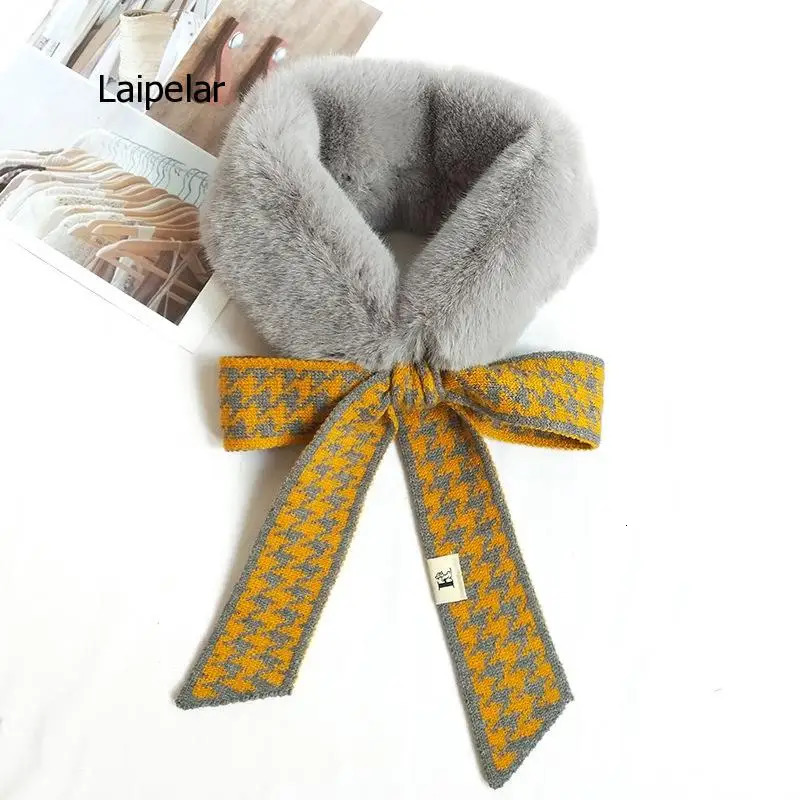 Autumn Winter Houndstooth Fashion Crochet Knitted Scarf Foulard Femme Faux Fur Collar Neck Warmer Scarves for Women 241220