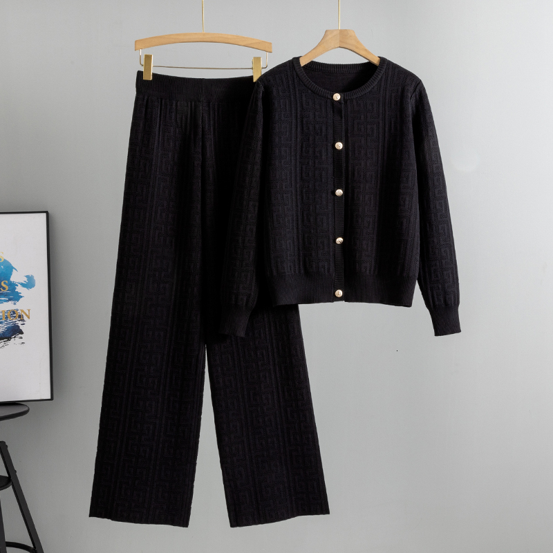 Women Elegant Knitted 2 Piece Sets Korean O-Neck Single Breasted Knit Cardigan Conjuntos Casual High Waist Sweatpants Outfit New