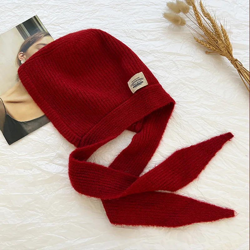 Red Wool Balaclava Knitted Beanies Hat For Women Winter Warm NeckScarf Hood Bib Hats Outdoor Coldproof Skullies Hat 241214