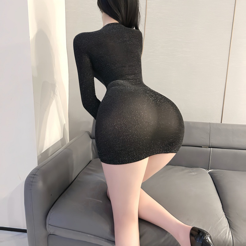 G9251 Shiny Silk Slim Fit Dress Hip-wrapped Long Sleeves