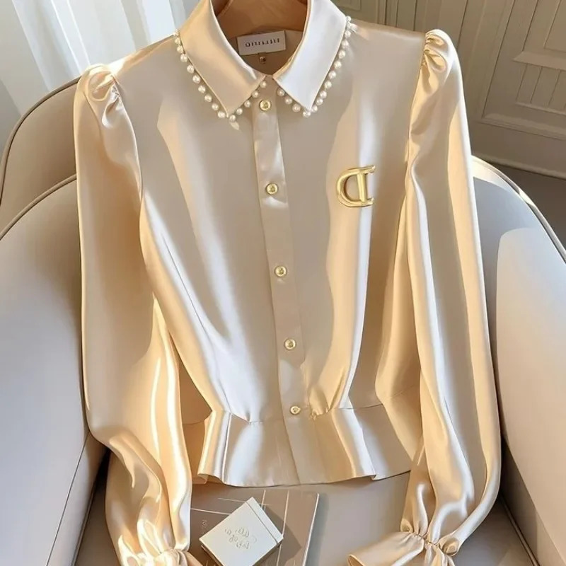 Satin Casual Womens Blouses SpringSummer Solid Korean Shirts Slim Fit Long Sleeves Top Women Clothing Sales 241218