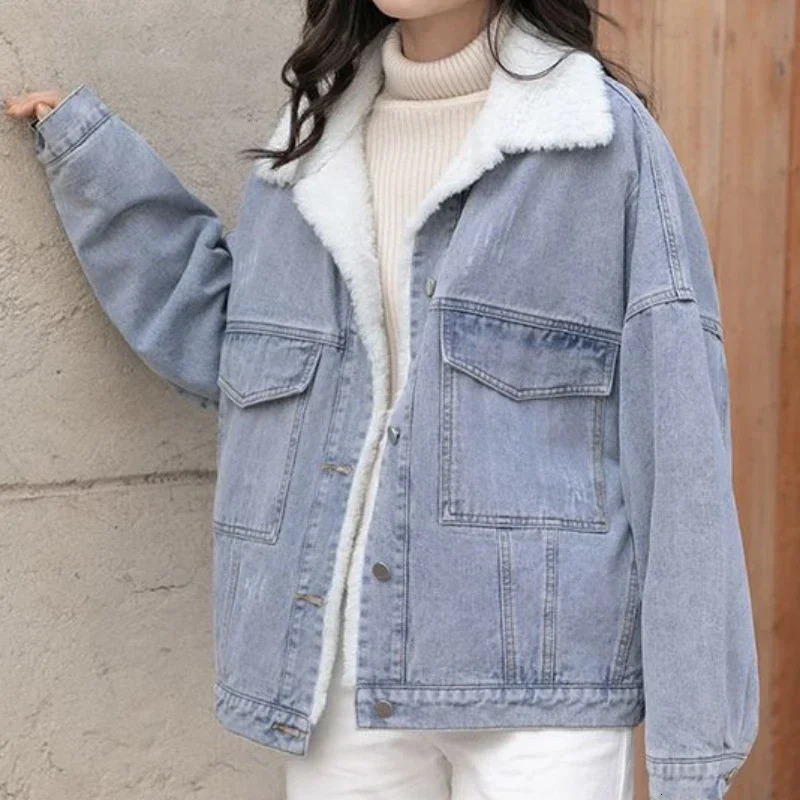 Outerwear Wool Inside Plain Warm Blue Denim Jacket for Women with Fur Plush Woman Jean Coat Winter Cold Padded Korean Outer 241220