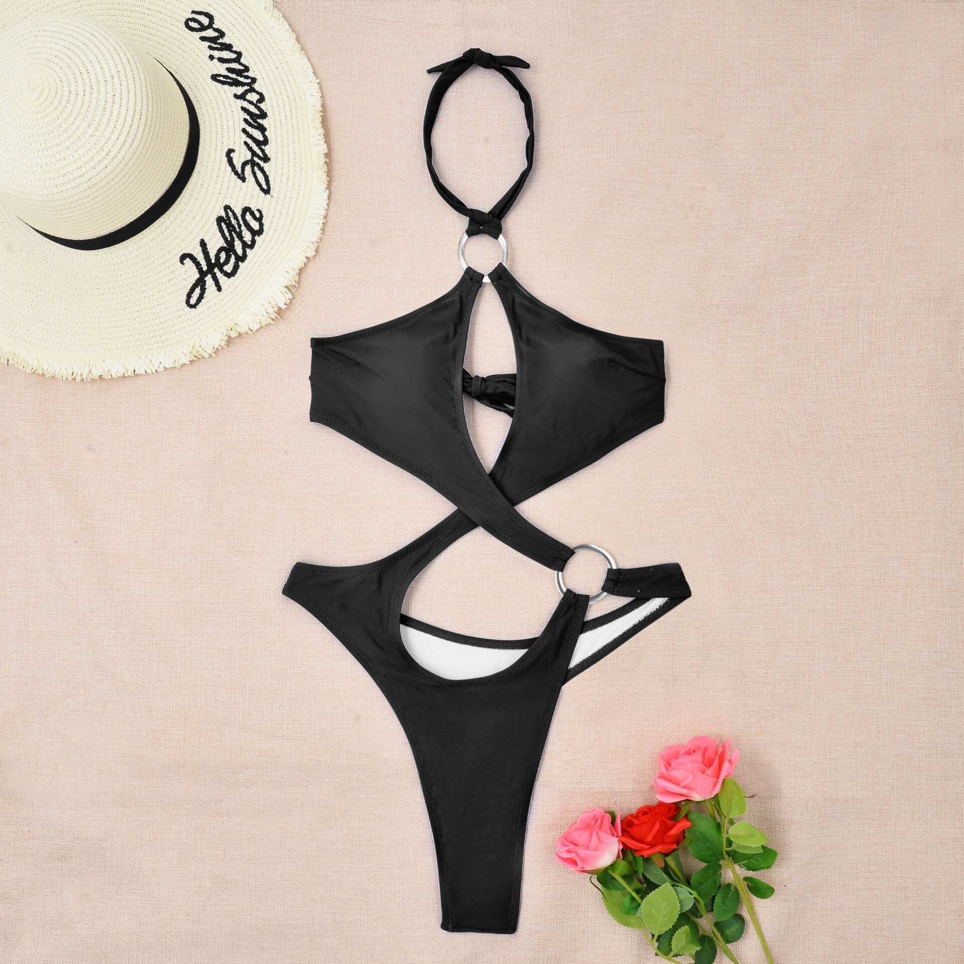 Black One-piece Swimsuit Trikini Buckle Designer Swimsuit Thong Beach Wear Women's Swimsuit Women's Holiday Pool Summer