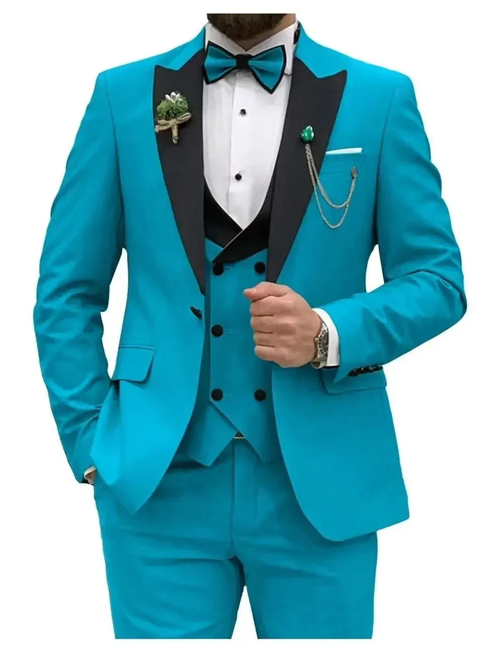 Blue Men Suits Slim Fit 3 Piece Double Breasted Suit Wedding Prom Party BusinessBlazerVestPants for 241220