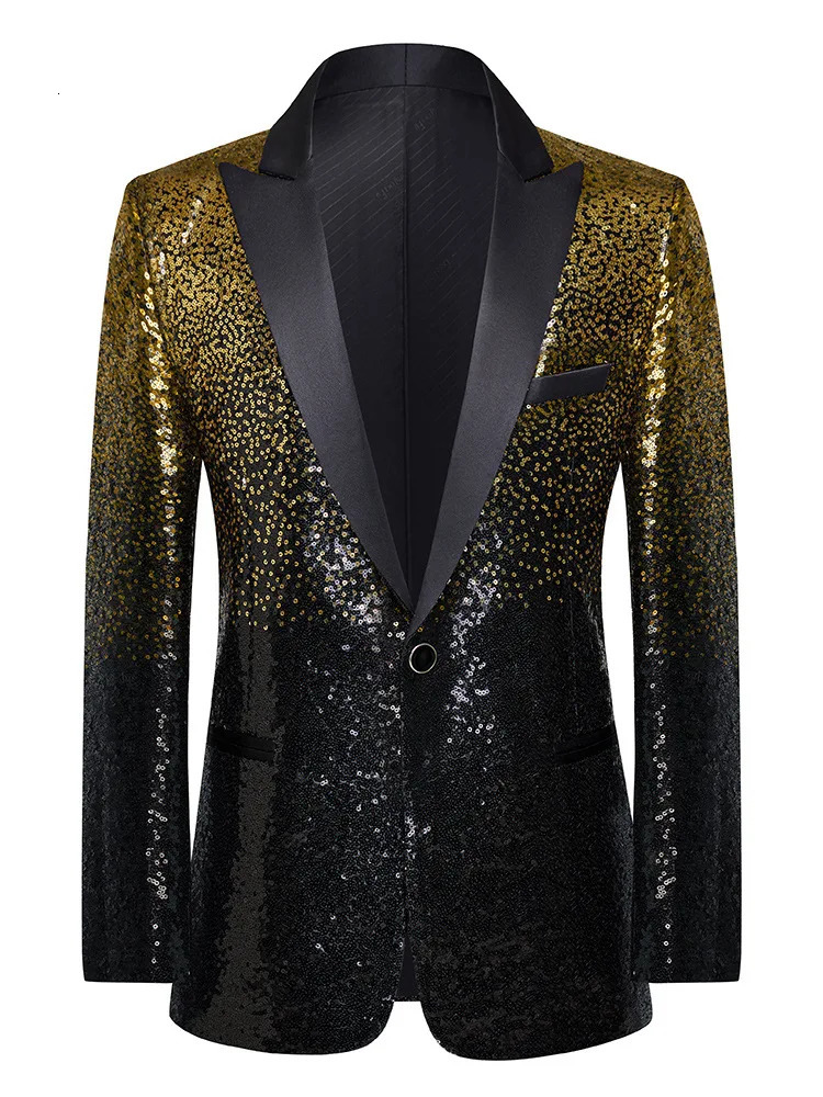 Gradient Color Sequins Tuxedo Suit Coat Men Wedding Groom Prom Glitter Jacket Bar Concert Singer Host Stage Blazer Gold 241218