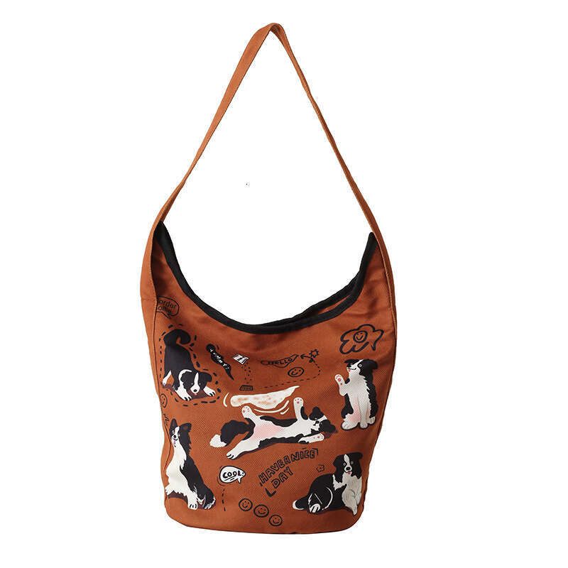 Single shoulder bucket women's French style high beauty cute little dog print bag, large capacity casual canvas bag