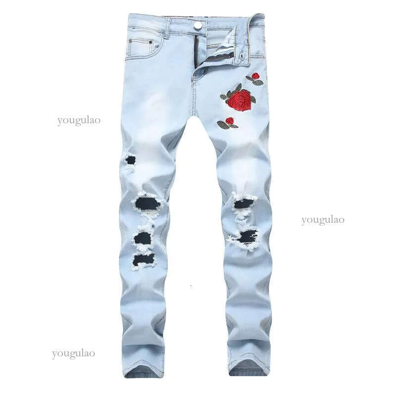 Mens Ripped Jeans Embroidery Rose Men Light Blue Slim Fit Stretch Denim Skinny Black Pants Wash Straight 42 Men's