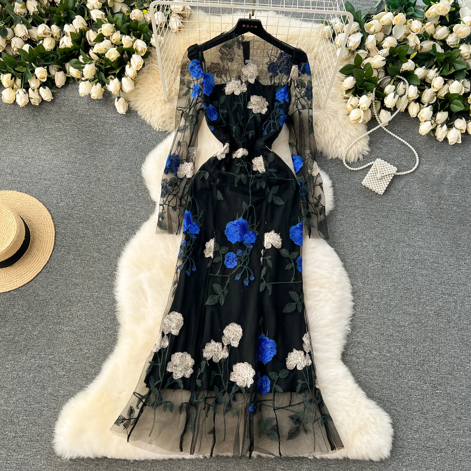 Casual Dresses Sexy Gauze Embroidery Floral Slim Long Sleeve Dress Chic Elegant Vestidos Vintage Summer Spring Women Korean Fashion Dresses 2025