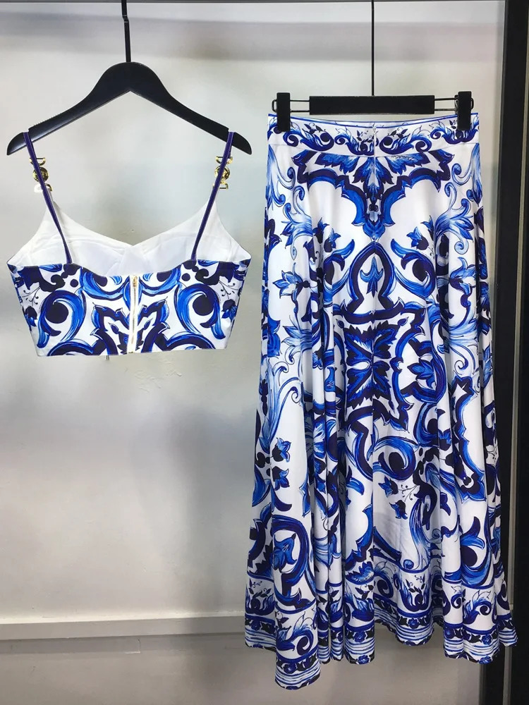 Summer Holiday Blue And White Porcelain Two Piece Set Womens Spaghetti Strap Padded Cup Zipper Print Short TopLong Skirt Suits 241219