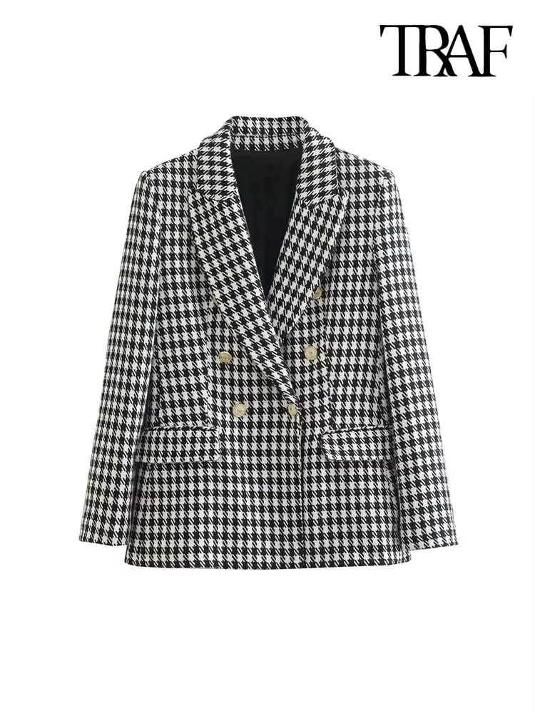 TRAF Women Fashion Double Breasted Houndstooth Blazer Coat Vintage Long Sleeve Flap Pockets Female Outerwear Chic Vestes